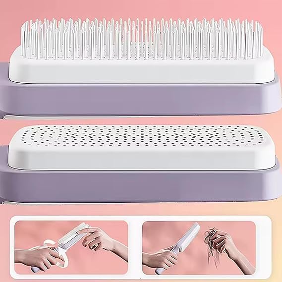 1Pcs Self-Cleaning Retractable Bristle Hair Brush for Women with Long Thick Hair - Purple | Detangle & Massage Scalp, Easy Maintenance