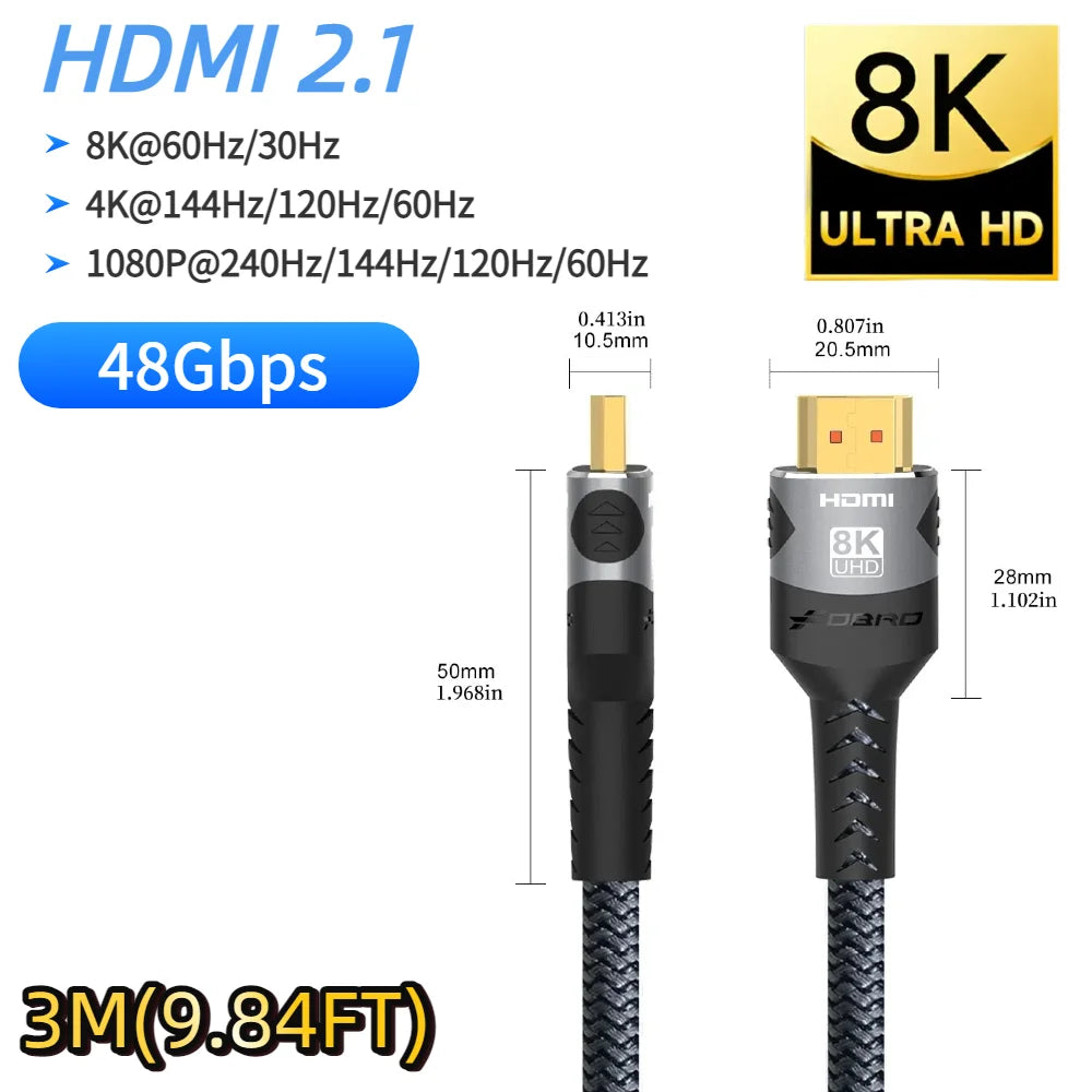 16K HDMI 2.2 Cable 96Gbps Supports 8K@120Hz 4K@240Hz 2K@360H HDR Earc Compatible with Roku TV HDTV PS5