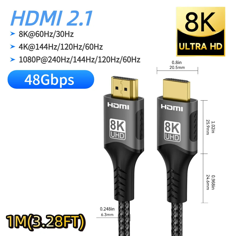 16K HDMI 2.2 Cable 96Gbps Supports 8K@120Hz 4K@240Hz 2K@360H HDR Earc Compatible with Roku TV HDTV PS5