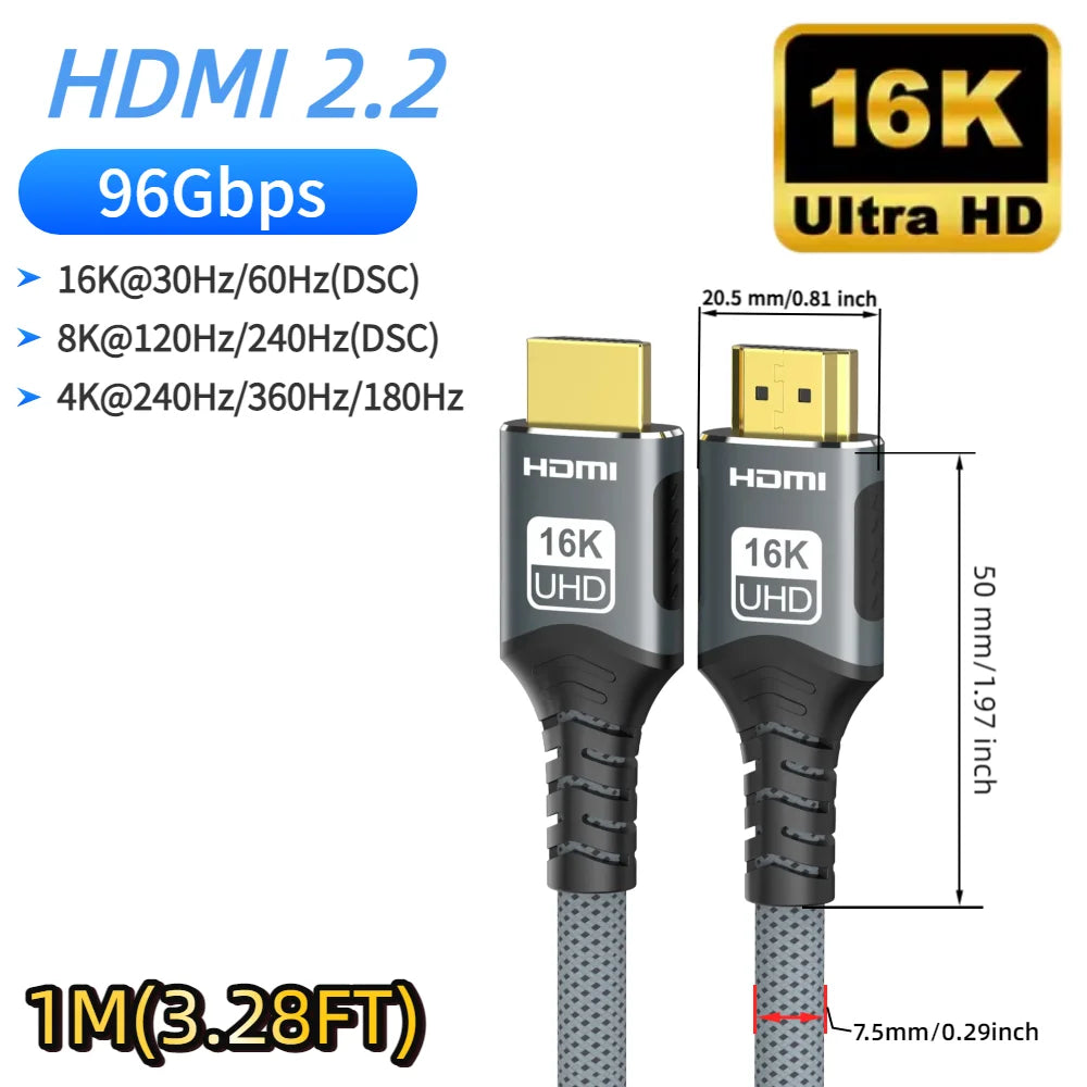 16K HDMI 2.2 Cable 96Gbps Supports 8K@120Hz 4K@240Hz 2K@360H HDR Earc Compatible with Roku TV HDTV PS5