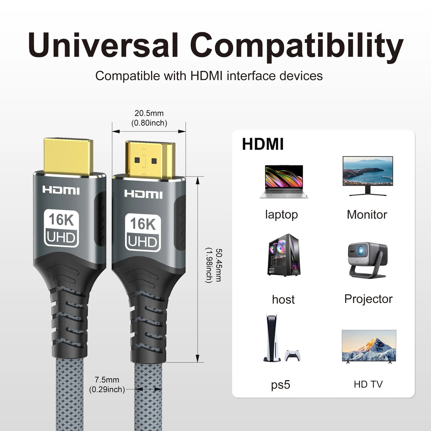 16K HDMI 2.2 Cable 96Gbps Supports 8K@120Hz 4K@240Hz 2K@360H HDR Earc Compatible with Roku TV HDTV PS5