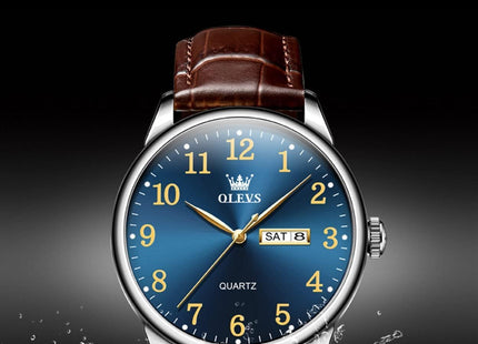 OLEVS Watches for Men Leather Men Easy Read Watches, Arabic Numerals Simple Style Calendar Large Face Watches (White/Black/Blue Dial)