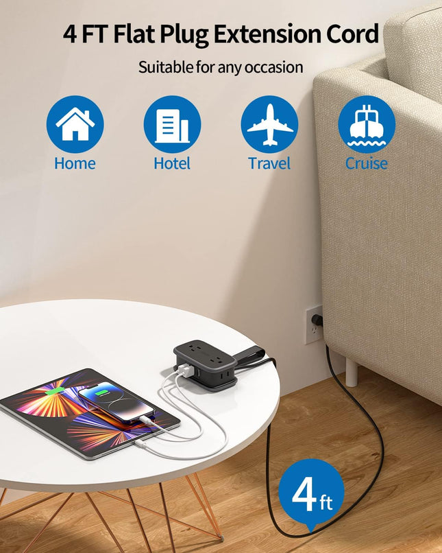 Travel Power Bar with USB Ports, 4 Outlets 3 USB Ports, NTONPOWER Small Power Strip with 4Ft Short Indoor Extension Cord Retractable, Compact Size for Travel, Home Office, Hotel, Black