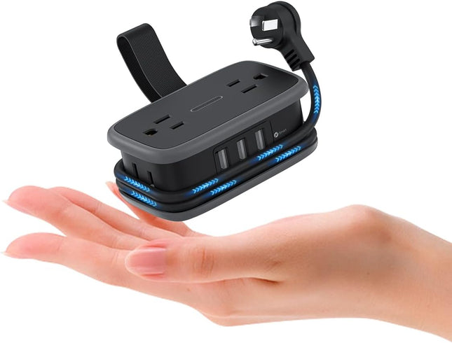 Travel Power Bar with USB Ports, 4 Outlets 3 USB Ports, NTONPOWER Small Power Strip with 4Ft Short Indoor Extension Cord Retractable, Compact Size for Travel, Home Office, Hotel, Black