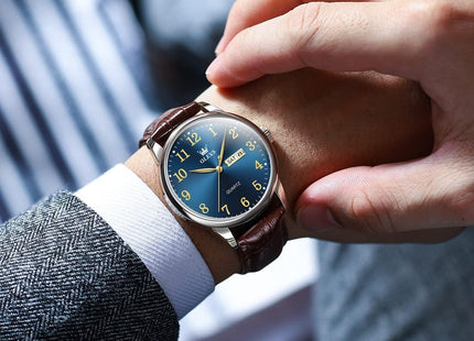 OLEVS Watches for Men Leather Men Easy Read Watches, Arabic Numerals Simple Style Calendar Large Face Watches (White/Black/Blue Dial)