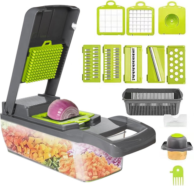 Vegetable Chopper Cutter Slicer Multifunctional 13-In-1 Food Veggie Onion Potato Fruit Chopper Cutter Dicer with Container, 8 Interchangable Blades, Hand Protector, Drain Strainer, Cleaning Brush