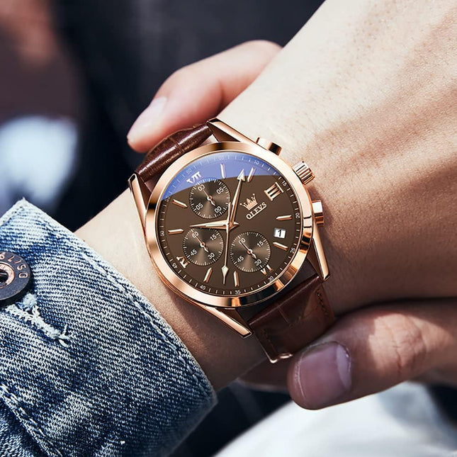 Olevs Watches for Men Analog Leather Band Mens Watches Business Watch for Men Large Face Dress Watch Men Easy Read Wrist Watches for Men with Day Date Luxury Two Tone Arabic Numerals Men Watches