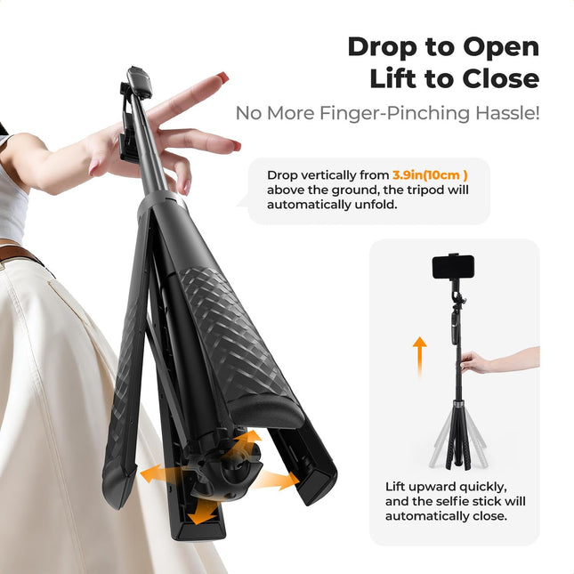K&F CONCEPT 71" Tripod Compatible with Iphone/Pocket 4/3/Insta360 Luna Ultra, Auto Open Phone Tripod with 4 Legs & Stabilizing Handle, 360° Rotation Selfie Stick with Wireless Remote Control