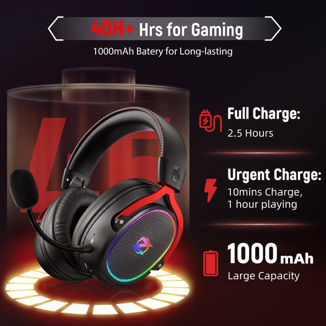 2.4Ghz Wireless Gaming Headset for Ps5, Ps4, PC, Bluetooth 5.3 Gaming Headphones with Detachable Noise Canceling Mic, RGB Headset for Switch, Laptop, Phone, 40+Hr Playtime-Red