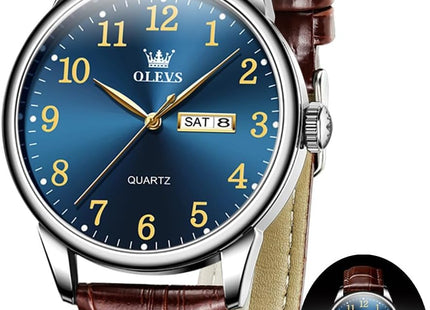 OLEVS Watches for Men Leather Men Easy Read Watches, Arabic Numerals Simple Style Calendar Large Face Watches (White/Black/Blue Dial)
