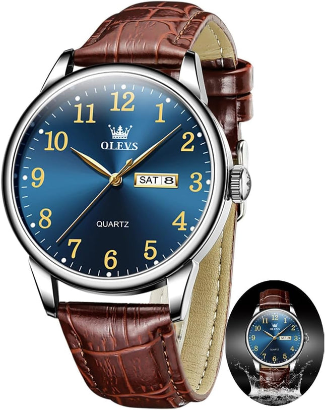 OLEVS Watches for Men Leather Men Easy Read Watches, Arabic Numerals Simple Style Calendar Large Face Watches (White/Black/Blue Dial)