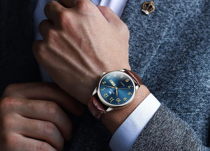 OLEVS Watches for Men Leather Men Easy Read Watches, Arabic Numerals Simple Style Calendar Large Face Watches (White/Black/Blue Dial)