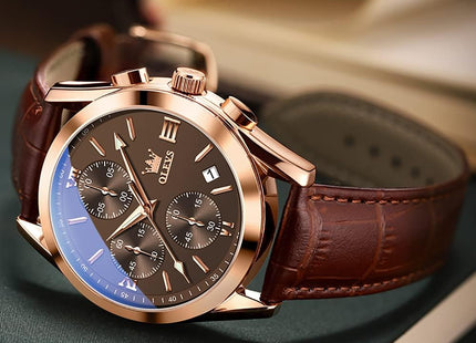 Olevs Watches for Men Analog Leather Band Mens Watches Business Watch for Men Large Face Dress Watch Men Easy Read Wrist Watches for Men with Day Date Luxury Two Tone Arabic Numerals Men Watches