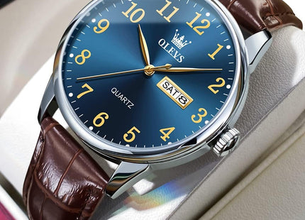 OLEVS Watches for Men Leather Men Easy Read Watches, Arabic Numerals Simple Style Calendar Large Face Watches (White/Black/Blue Dial)