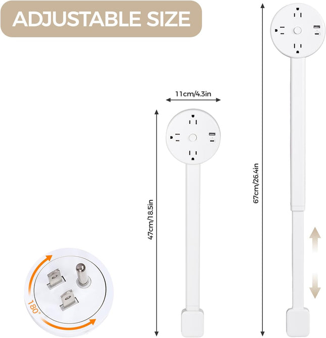 Rotating Multi-Outlet Extension with On/Off Power Switch and USB Ports, Vertical Power Lift Socket Expander, Extendable Power Strip for behind Couches, Desks, or Tables