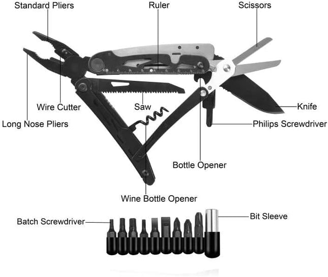 Rovertac Multitool Pocket Knife Tactical Camping Survival Knife Gifts for Men Dad Husband 18 in 1 Multi Tool Pliers Scissors Saw Corkscrew 9-Pack Screwdrivers Safety Lock Nylon Sheath