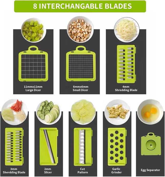 Vegetable Chopper Cutter Slicer Multifunctional 13-In-1 Food Veggie Onion Potato Fruit Chopper Cutter Dicer with Container, 8 Interchangable Blades, Hand Protector, Drain Strainer, Cleaning Brush