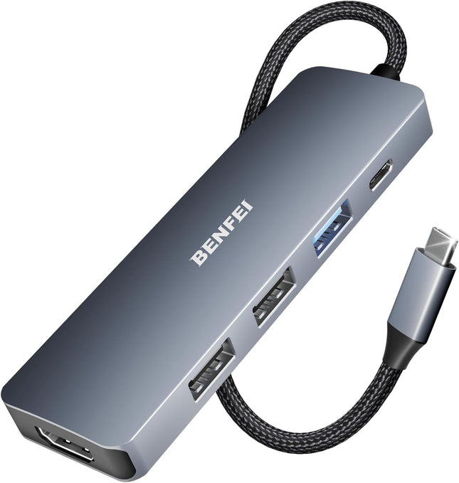 BENFEI 5In1 USB C Hub with 4K HDMI, 3 USB-A, 100W Power Delivery, Silicone and Woven Design Cable, Aluminum Case Compatible with Macbook Pro/Air, Ipad Pro, Imac, Iphone 15 Pro/Pro Max, XPS, Thinkpad