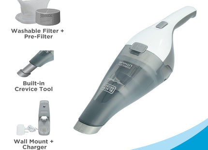BLACK+DECKER Dustbuster Quickclean Cordless Handheld Vacuum, White (HNVC215B10), Dirt Bowl and Fliter