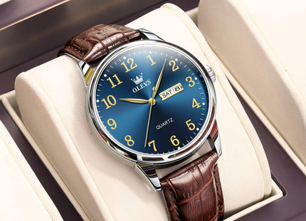 OLEVS Watches for Men Leather Men Easy Read Watches, Arabic Numerals Simple Style Calendar Large Face Watches (White/Black/Blue Dial)