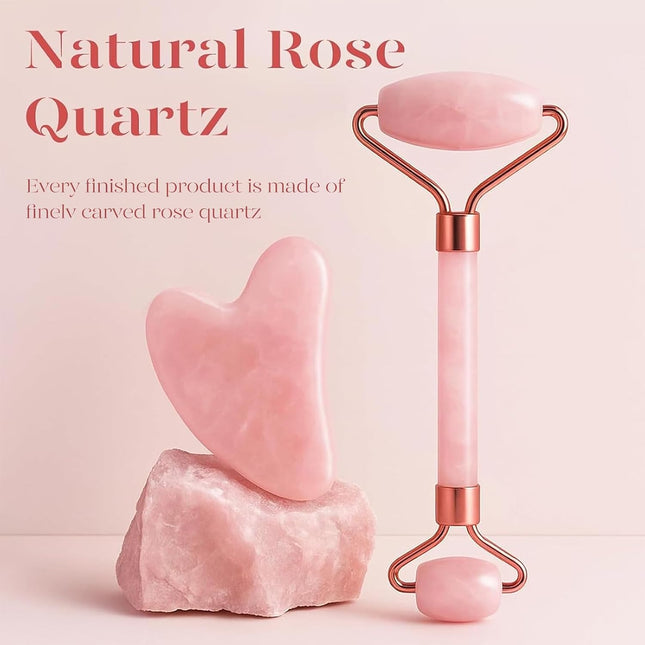 BAIMEI Icyme Rose Quartz Roller & Gua Sha Facial Tool Set for Depuffing | Cooling Face Roller for Lymphatic Massage,Sculpting Tool for Face, Eyes & Neck, Skin Care Gifts for Women,Spa & Travel Use