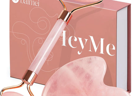 BAIMEI Icyme Rose Quartz Roller & Gua Sha Facial Tool Set for Depuffing | Cooling Face Roller for Lymphatic Massage,Sculpting Tool for Face, Eyes & Neck, Skin Care Gifts for Women,Spa & Travel Use