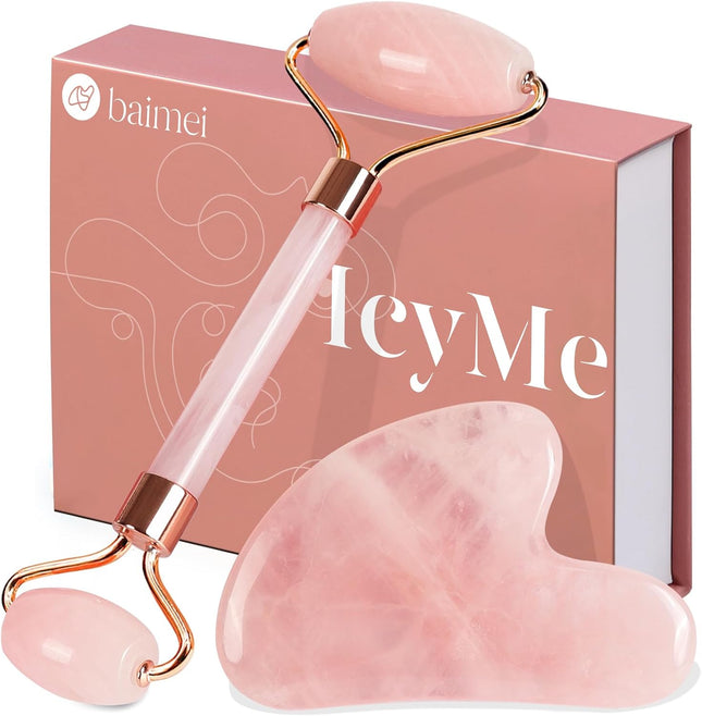 BAIMEI Icyme Rose Quartz Roller & Gua Sha Facial Tool Set for Depuffing | Cooling Face Roller for Lymphatic Massage,Sculpting Tool for Face, Eyes & Neck, Skin Care Gifts for Women,Spa & Travel Use