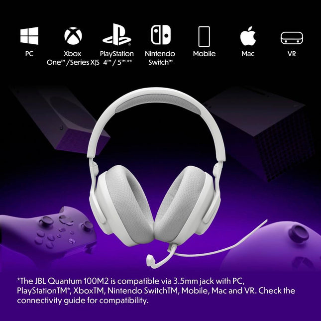 Quantum 100M2 - Wired Over-Ear Gaming Headset with Omnidirectional, Detachable Mic with Mute Option and Fabric-Covered Memory Foam Ear Cushions, Compatible with All Platforms (White)