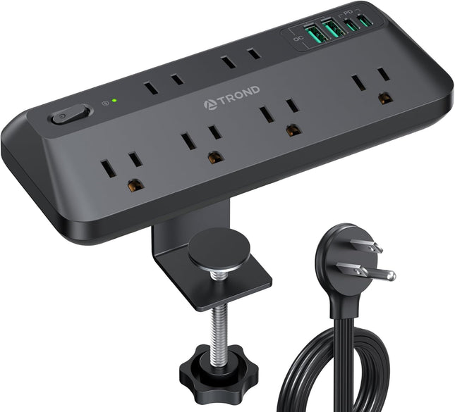 TROND Desk Clamp Power Bar Surge Protector with PD 20W USB C, 6 Outlets Desktop Charging Station, 10Ft Flat Plug Extension Cord Indoor, Fit 1.97" Tabletop Edge, ETL Listed, Home Office Supplies, Black