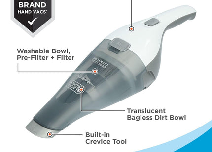 BLACK+DECKER Dustbuster Quickclean Cordless Handheld Vacuum, White (HNVC215B10), Dirt Bowl and Fliter