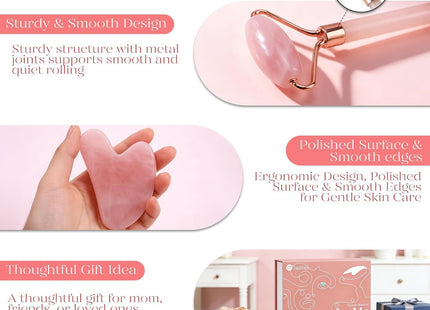 BAIMEI Icyme Rose Quartz Roller & Gua Sha Facial Tool Set for Depuffing | Cooling Face Roller for Lymphatic Massage,Sculpting Tool for Face, Eyes & Neck, Skin Care Gifts for Women,Spa & Travel Use