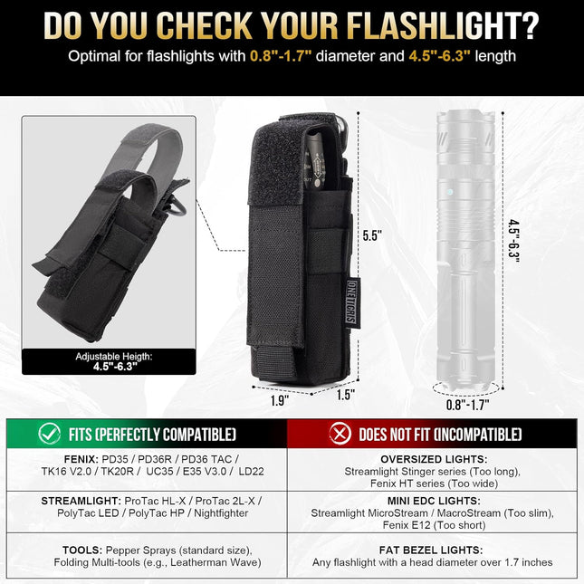 Onetigris Flashlight Holster Flashlight Holder Molle Flashlight Holster Tactical Flashlight Pouch Holder for Belt 1000D Cordura Nylon