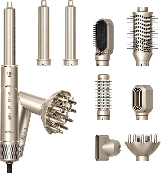 RUCHA Foldable 8 in 1 Hair Styler & Hot Air Styler, 110,000 RPM High Speed Hair Dryer Brush, Air Curler for Hair, Negative Ion Hot Air Bursh for Frizz-Free Styling Curling Fast Drying Straightening Volumizing