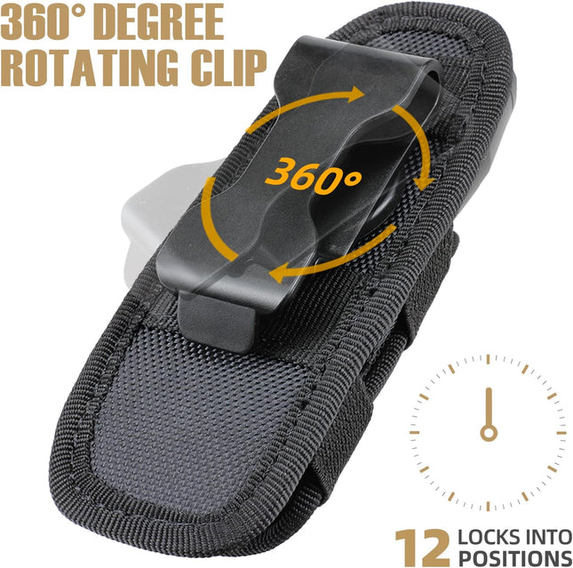 LIVANS Tactical Flashlight Pouch Holster, Rotatable Flashlight Holder Belt Clip Tactical Torch Carry Case with 360 Degree Carabiner Reel Clip