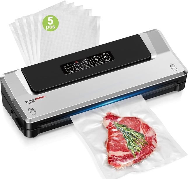 Bonsenkitchen Vacuum Sealer Machine, 90Kpa Powerful Food Sealer, Multi-Functional Food Vacuum Sealer with Vacuum Bags & Accessory Hose,Globefish Technology for High-Speed Continuous Working, Silver