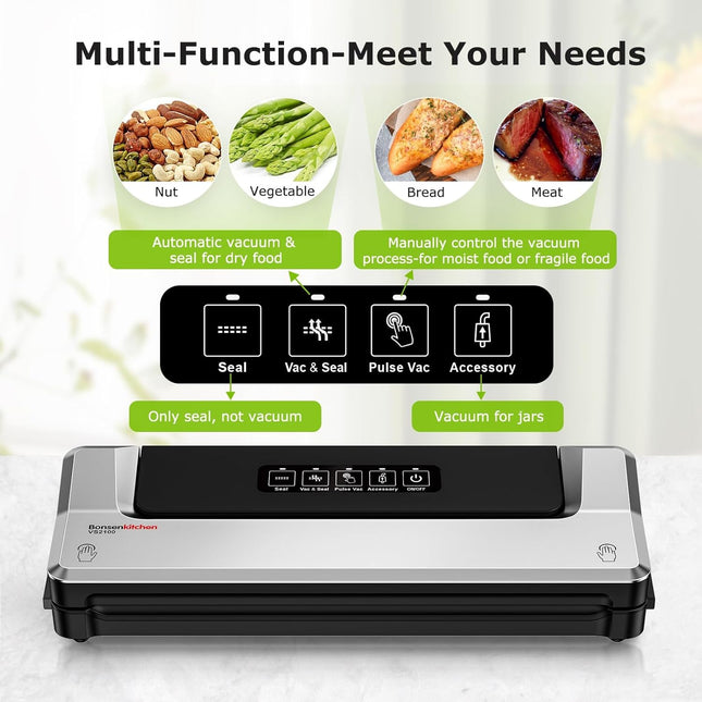 Bonsenkitchen Vacuum Sealer Machine, 90Kpa Powerful Food Sealer, Multi-Functional Food Vacuum Sealer with Vacuum Bags & Accessory Hose,Globefish Technology for High-Speed Continuous Working, Silver