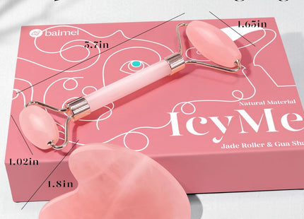 BAIMEI Icyme Rose Quartz Roller & Gua Sha Facial Tool Set for Depuffing | Cooling Face Roller for Lymphatic Massage,Sculpting Tool for Face, Eyes & Neck, Skin Care Gifts for Women,Spa & Travel Use