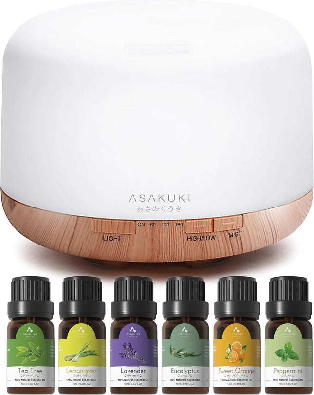 ASAKUKI 500Ml Essential Oil Diffuser with Remote Control | Ultrasonic Fragrant Oil Vaporizer 3 Timer Lavender Eucalyptus Tea Tree Orange Peppermint Lemongrass