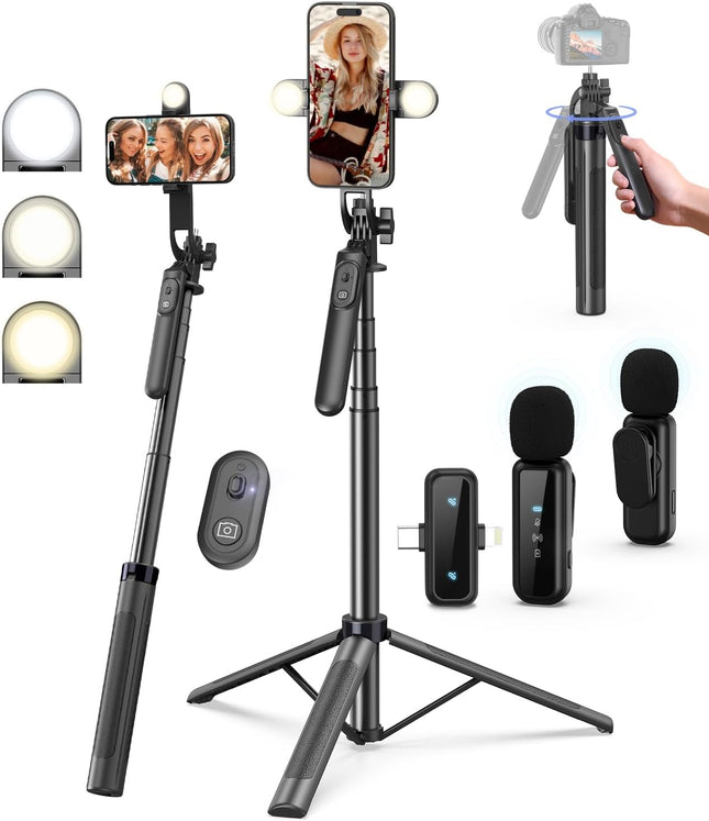 Yeaki Vlogging Kit for Iphone/Android, 71" Selfie Stick Tripod for Iphone with Light, Wireless Remote & Microphone, Adjustable Phone Tripod for Tiktok/Youtube Starter Content Creator Essentials Kit