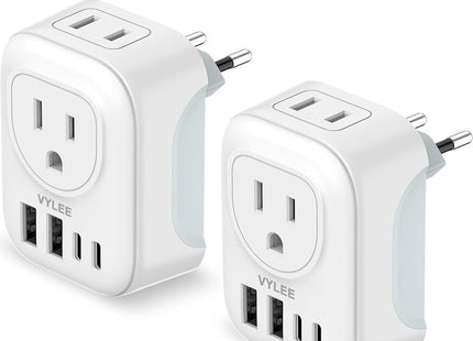 2 Pack European Travel Plug Adapter, VYLEE International Travel Adapter with 2 Outlets 4 USB Ports(2 USB C), 6 in 1 Type C Travel Essentials Charger for US to Most of Europe EU Italy Spain France