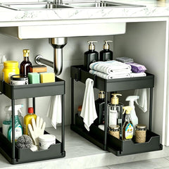 DEKAVA under Sink Organizer 2 Pack, Bathroom Organizers, 2 Tier Sliding Cabinet Basket Organizer Drawer, Multi-Purpose Bath Collection Baskets for Bathroom (Black)