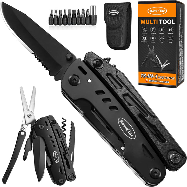Rovertac Multitool Pocket Knife Tactical Camping Survival Knife Gifts for Men Dad Husband 18 in 1 Multi Tool Pliers Scissors Saw Corkscrew 9-Pack Screwdrivers Safety Lock Nylon Sheath