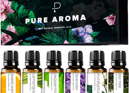 PURE AROMA Essential Oils 100% Pure Therapeutic Grade Oils Kit- Top 6 Aromatherapy Oils Gift Set-6 Pack, 10Ml(Eucalyptus, Lavender, Lemon Grass, Orange, Peppermint, Tea Tree)