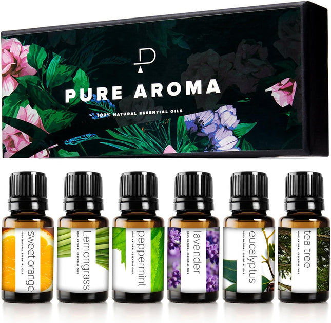 PURE AROMA Essential Oils 100% Pure Therapeutic Grade Oils Kit- Top 6 Aromatherapy Oils Gift Set-6 Pack, 10Ml(Eucalyptus, Lavender, Lemon Grass, Orange, Peppermint, Tea Tree)