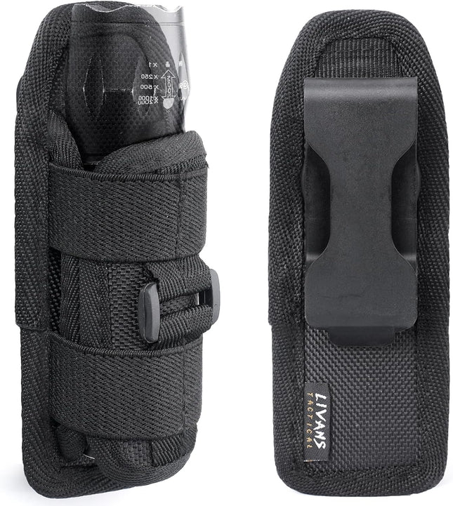 LIVANS Tactical Flashlight Pouch Holster, Rotatable Flashlight Holder Belt Clip Tactical Torch Carry Case with 360 Degree Carabiner Reel Clip