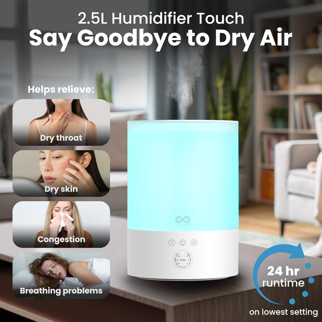 Everlasting Comfort 2.5L Top Fill Humidifiers for Bedroom, 2.5L - Quiet Easy to Fill & Clean, 24HR Runtime, Night Lights, Timer, Ultrasonic Cool Mist Humidifier, Auto Shut-Off, Essential Oil Diffuser