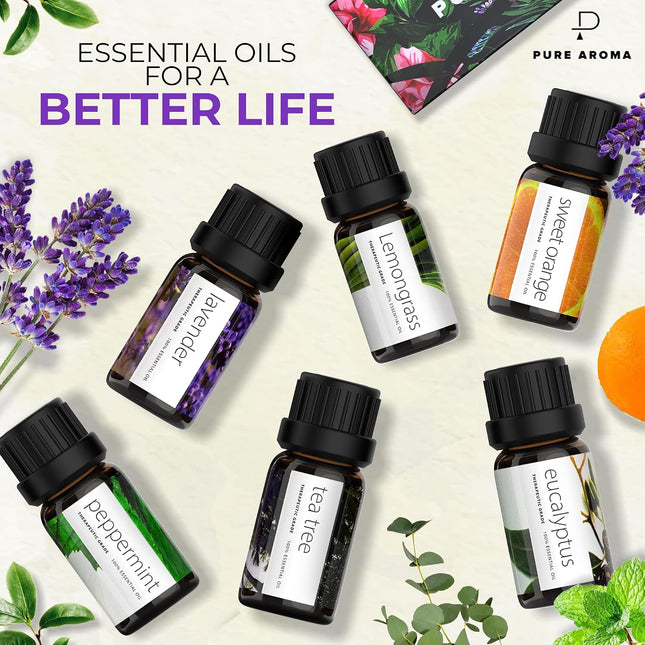 PURE AROMA Essential Oils 100% Pure Therapeutic Grade Oils Kit- Top 6 Aromatherapy Oils Gift Set-6 Pack, 10Ml(Eucalyptus, Lavender, Lemon Grass, Orange, Peppermint, Tea Tree)