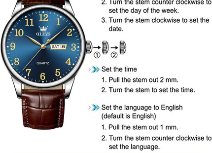 OLEVS Watches for Men Leather Men Easy Read Watches, Arabic Numerals Simple Style Calendar Large Face Watches (White/Black/Blue Dial)