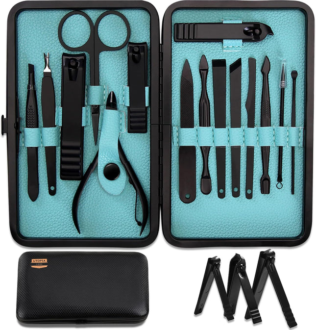 Utopia Care - 15 in 1 Stainless Steel Professional Manicure Pedicure Set Nail Clippers Kit – Portable Travel Grooming Kit - Facial, Cuticle and Nail Care for Men and Women (Black)