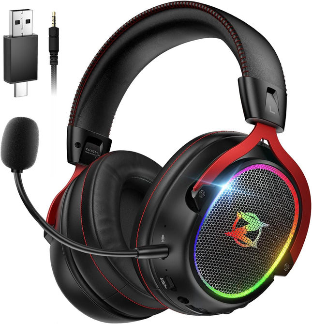 2.4Ghz Wireless Gaming Headset for Ps5, Ps4, PC, Bluetooth 5.3 Gaming Headphones with Detachable Noise Canceling Mic, RGB Headset for Switch, Laptop, Phone, 40+Hr Playtime-Red